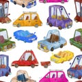 Seamless pattern with cartoon cars. Comic transportation set. Colourful transport wallpaper. Watercolor illustration Royalty Free Stock Photo